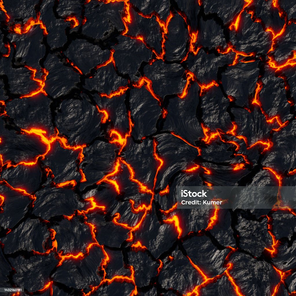 Realistic lava flame on black ash background. Texture of molten magma surface Realistic lava flame on black ash background. Texture of molten magma, rock surface. Dangerous, hazardous nature, environment concept backdrop. Volcano, fire, crust abstract background. 3d render Lava Stock Photo