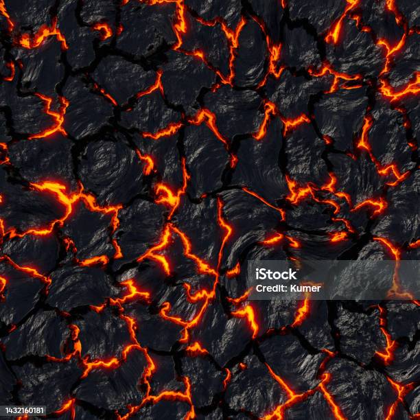 Realistic Lava Flame On Black Ash Background Texture Of Molten Magma Surface Stock Photo - Download Image Now