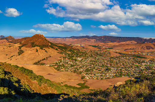 Aerial view of San Luis Obispo in California from the hiking trail to Cerro Peak. Cerro is part of the chain of peaks called the Nine Sisters and is popular for hiking, jogging and mountain biking.