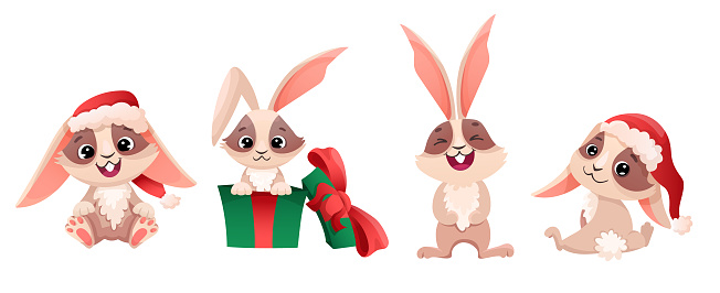 istock Set of cute Christmas rabbits. Bunny in Santa hat and gift box. Happy Chinese new year 2023 concept. Vector cartoon illustration 1432161416