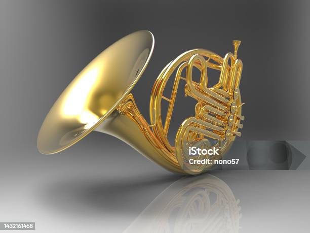 The Horn On A Gray Background Stock Photo - Download Image Now - French Horn, Musical Instrument, Color Image