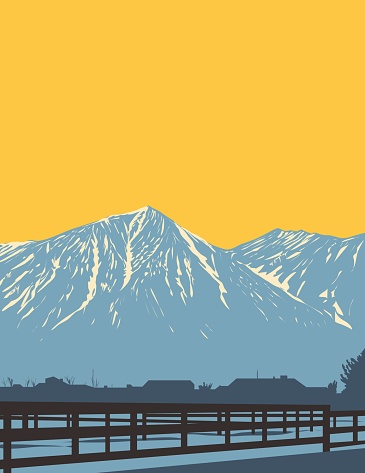 WPA poster art of Monument Peak and East Peak in South Lake Tahoe  in Douglas County Nevada USA done in works project administration style.