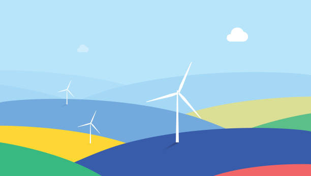 ilustrações, clipart, desenhos animados e ícones de paisagem de moinho de vento - wind turbine