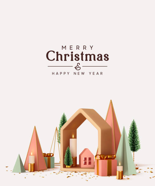 ilustrações de stock, clip art, desenhos animados e ícones de merry christmas and happy new year. modern abstract minimal background with 3d christmas trees. xmas decorative ornament, realistic render objects. web poster, holiday banner, flyer, stylish brochure. - christmas house