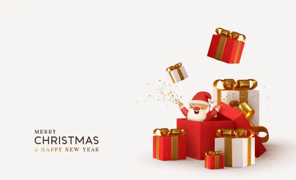 Vector illustration of Merry christmas and Happy New Year. Realistic pile gifts boxes. Open gift box full with Santa Claus inside. Holiday banner, web poster, flyer, stylish brochure, greeting card, cover. Xmas background