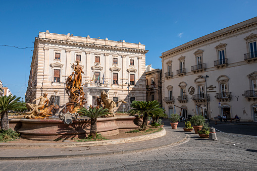 Syracuse, Italy - 09-16-2022: Piazza Archimede in Syracuse with the beautiful Diana Fountain