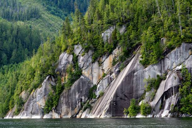 parte del parque de montaña ruskeala con árboles a lo largo de una ladera rocosa y agua en el fondo - república de karelia rusia fotografías e imágenes de stock