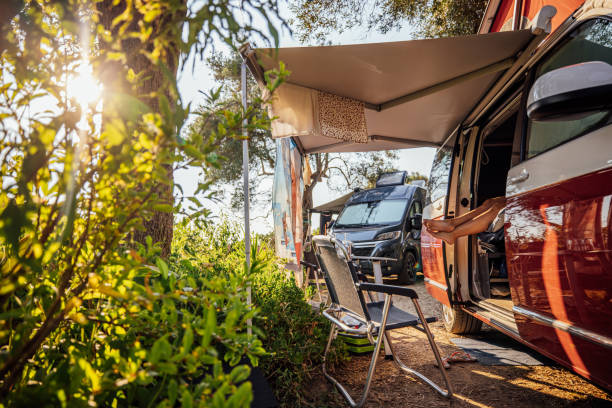 Tourist resting in campervan seen from outside by tree during sunny day