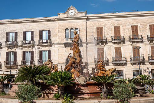 Syracuse, Italy - 09-16-2022: Piazza Archimede in Syracuse with the beautiful Diana Fountain