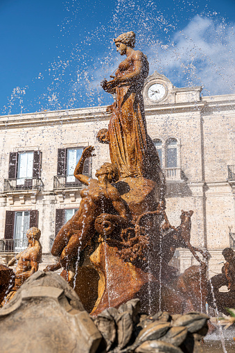 Syracuse, Italy - 09-16-2022: Piazza Archimede in Syracuse with the beautiful Diana Fountain