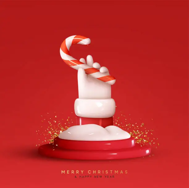 Vector illustration of Christmas abstract festive composition. Hand Santa's Claus sticks out of the snow and holding a candy cane, on round red stage podium. Realistic 3d happy new year design. vector illustration