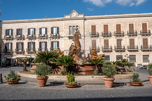Syracuse, Italy - 09-16-2022: Piazza Archimede in Syracuse with the beautiful Diana Fountain