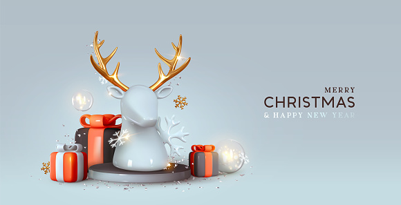 Merry Christmas and Happy New Year. Realistic 3d design, round podium at studio stands a deer head, gift boxes in black red color. Xmas background holiday winter composition. Vector illustration