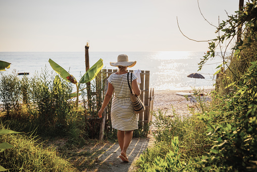 Rear view of woman in casuals wearing hat walking amidst plants towards beach during sunny day