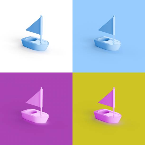 A 3D rendering of boats isolated on colorful sections