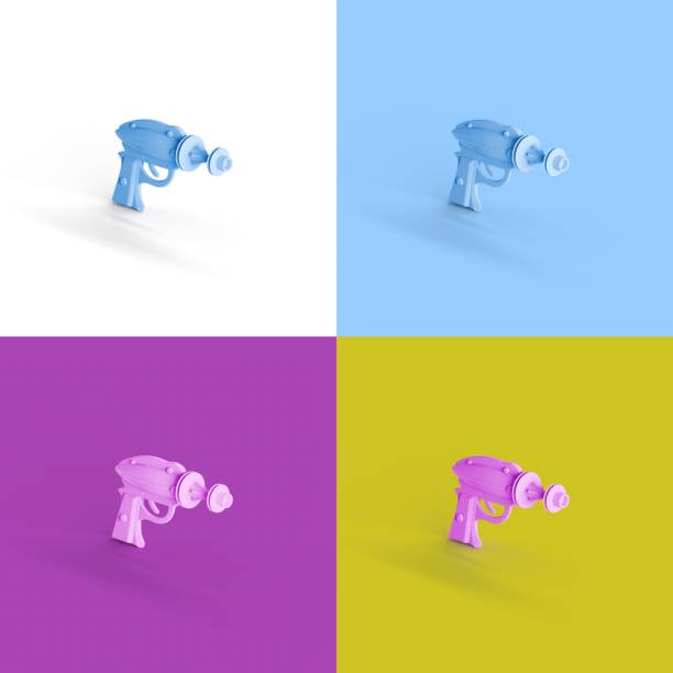 A 3D rendering of sci fi gun isolated in different colors