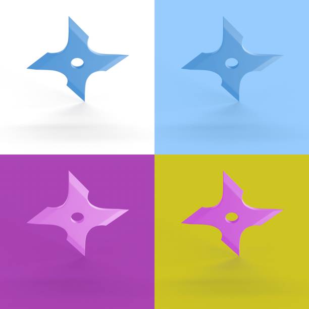A 3D rendering of shuriken isolated in different colors