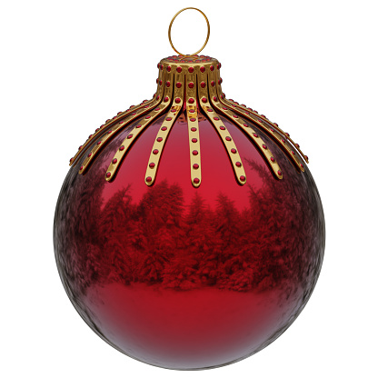 Christmas Tree Bauble. Xmas ball red golden glossy. New Year wintertime holiday decoration. New Year's Eve traditional ornament