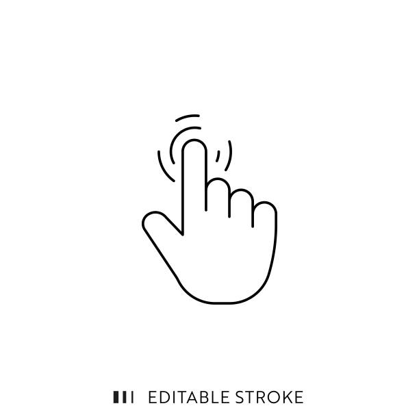 Click Hand Icon with Editable Stroke Press Gesture, Tap Button on Touch Screen Single Icon with Editable Stroke. hand holding phone white background stock illustrations