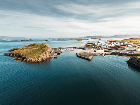 Town of Stykkishólmur located by the sea, including the fishing harbor