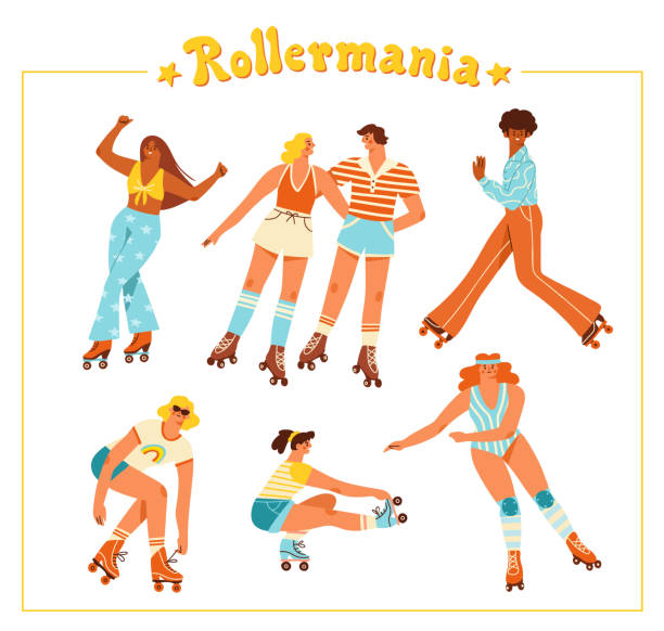 ilustrações de stock, clip art, desenhos animados e ícones de set of retro roller skaters. - group of people 1980s style image created 1980s exercising