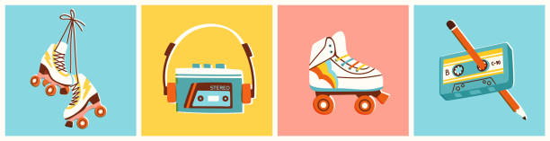 Set of retro items including cassette tapes, portable music player and quad roller skates. Set of retro items including cassette tapes, portable music player and quad roller skates. Vector illustration of 90s or 80s themed hobbies. Hand drawn elements in colorful vintage style. mixtape stock illustrations