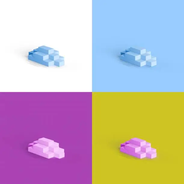 A collage of legos on each other in white, blue, violet, and yellow backgrounds