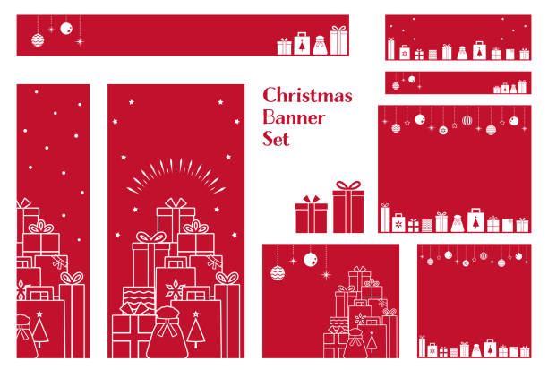 süßes banner set mit illustrationen von weihnachtsgeschenken - sale holiday christmas ornament red stock-grafiken, -clipart, -cartoons und -symbole