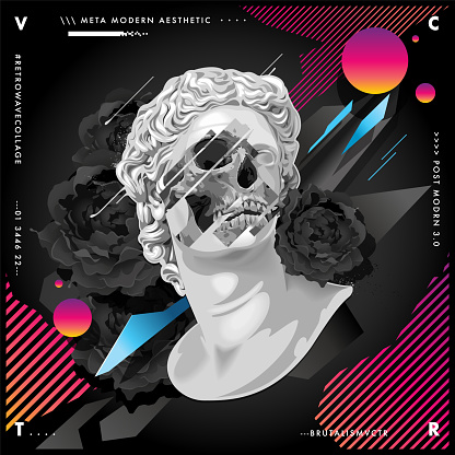 Retrowave abstract design with ancient statue. Sculpture with masked skull on front. And black flowers with dynamic elements on background. Vector art.