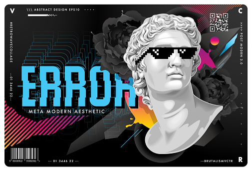 Retrowave abstract design with ancient statue in pixel sunglasses. Black flowers and bright abstract elements on background. Vector art.