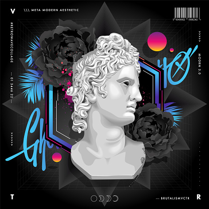 Retro wave abstract design with ancient statue and abstract futuristic elements: black flowers, geometric shapes and palm leaves. Modern poster design template. Vector graphic.