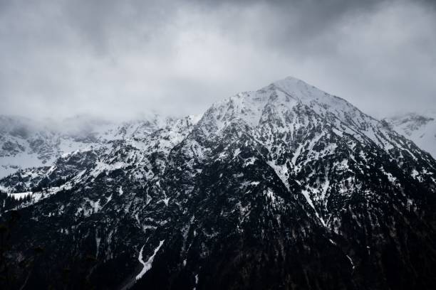 istock Scenic view of a snowy mountain range covered with forests on a cloudy day 1432194095