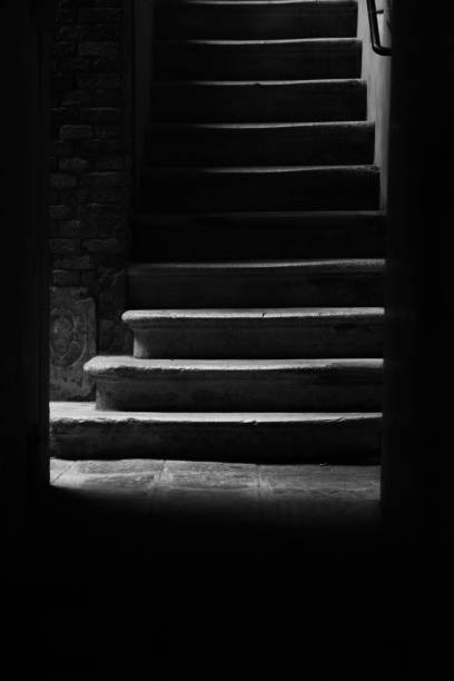 istock Vertical grayscale shot of stairs with shadows 1432194135