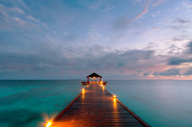 South Ari, Maldives - 30 July 2017: Beautiful tropical landscape. Wooden villas over water of the Indian Ocean.