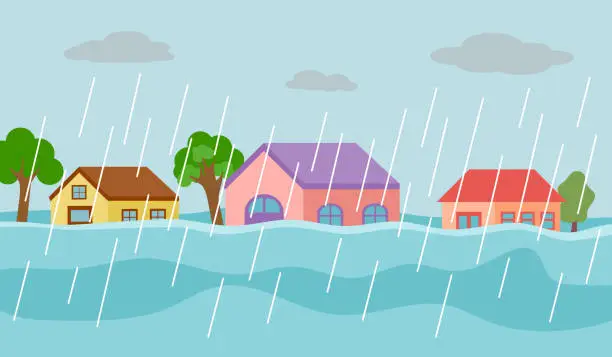 Vector illustration of Flood disaster in village concept vector illustration. Flooding house under heavy rains in flat design.