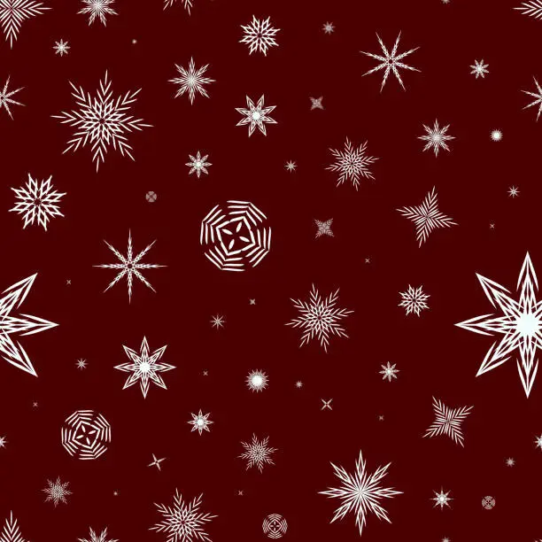 Vector illustration of Seamless pattern with stars, snowflakes and balls on a burgundy background. Christmas and New Year pattern for gifts.