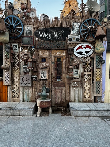 , Egypt: A vertical shot of an antique store with an inscription in Dahab, Egypt.