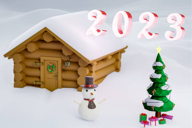 istock Happy new year 2023 greeting card with cottage, pine tree and giftboxes on snow 1432202544