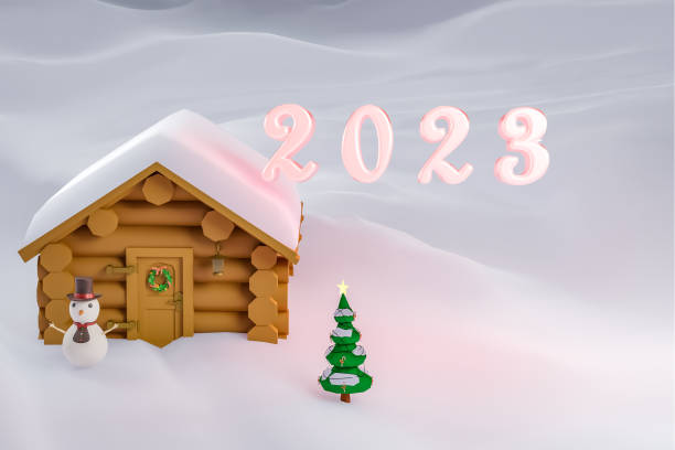 istock Happy new year 2023 greeting card with cottage, pine tree and giftboxes on snow 1432202737