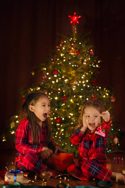 Funny comical sisters with surprised faces take Christmas tree decorations out of the box. Christmas Eve Night