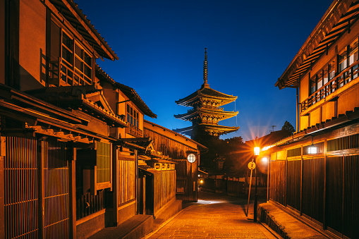 View at dusk to Yasaka Pagoda also known as Hokanji Temple. Yasaka Pagoda is the famous landmark and travel attraction of Kyoto.