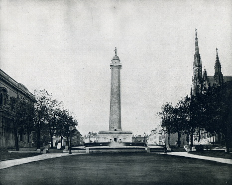 The Washington Monument is the centerpiece of an urban square in downtown Baltimore, Maryland. The first major monument built to honor George Washington.