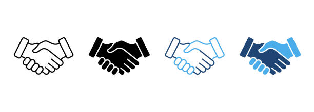 stockillustraties, clipart, cartoons en iconen met handshake partnership professional silhouette and line icon. hand shake business deal pictogram. cooperation team agreement finance meeting icon. editable stroke. isolated vector illustration - begroeting