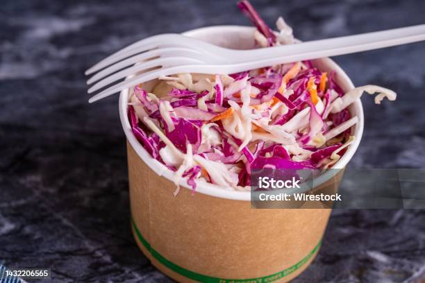 High Angle Shot Of A Coleslaw Salad With A Fork Stock Photo - Download Image Now - Coleslaw, Cabbage, Close-up