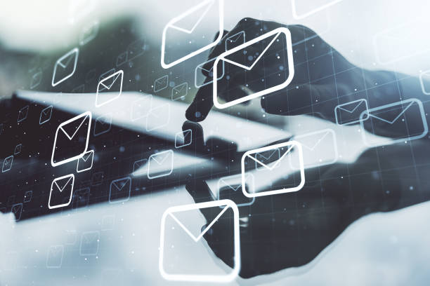 istock Creative concept of postal envelopes illustration with finger clicks on a digital tablet on background. Email and communications concept. Multiexposure 1432207181