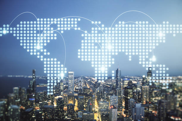 istock Abstract virtual world map with connections on Chicago skyline background, international trading concept. Multiexposure 1432207296