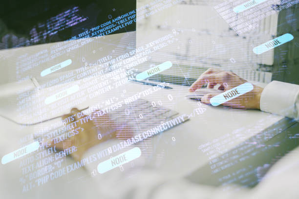 istock Double exposure of abstract programming language hologram with world map and hands typing on laptop on background, research and development concept 1432207426