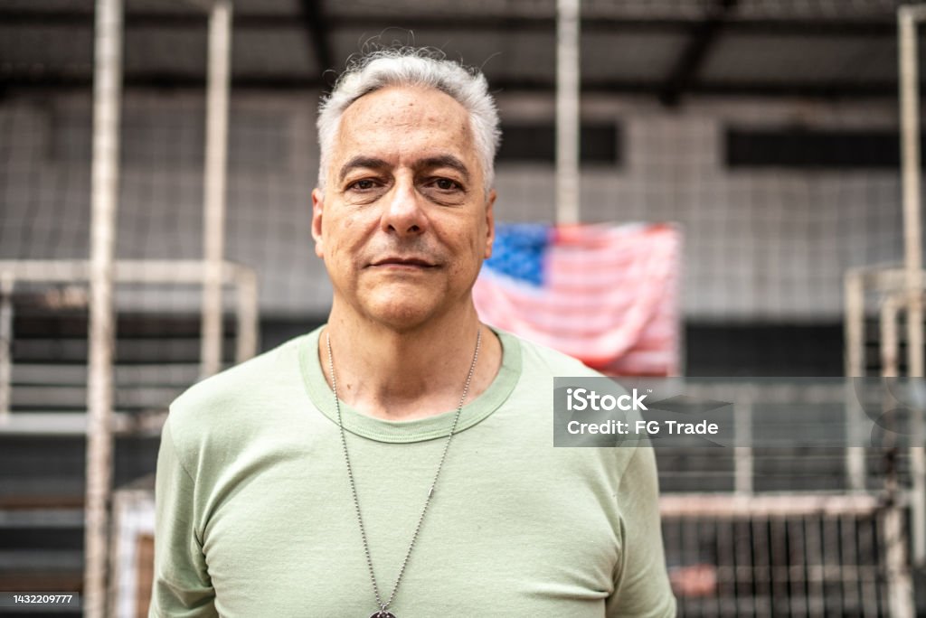 Portrait of a male soldier at a gymnasium Senior Men Stock Photo
