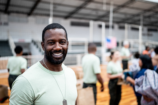 Portrait of a soldier in a refugee sheltering