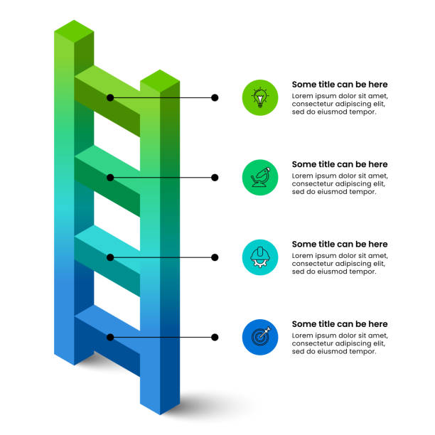 ilustraciones, imágenes clip art, dibujos animados e iconos de stock de plantilla de infografía. escalera isométrica con 4 escalones. vector - ladder